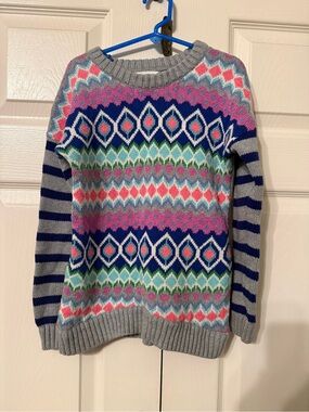 Old Navy Gray Crewneck Sweater with Pink, Navy & Green Fair Isle